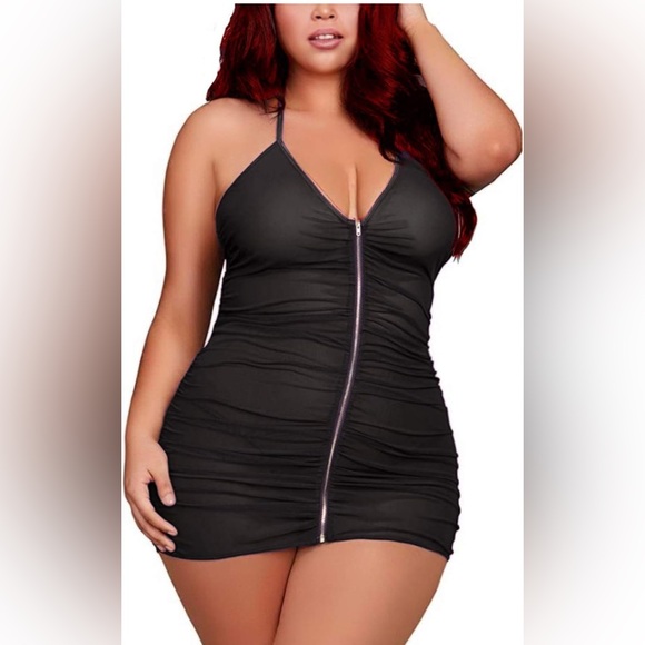 Black Ruched Zip-Up Chemise Dress - Picture 1 of 8